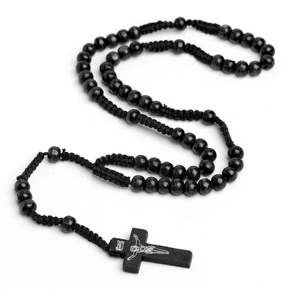 Catholic Wood Bead Cross Rosary Necklace