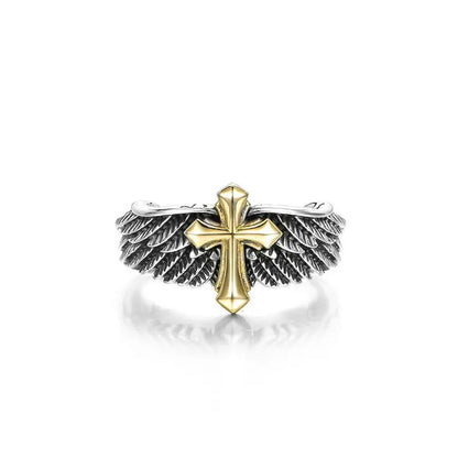 1. Retro-Kreuz-Federring mit Graffiti-Design für Herren, punkiger Gothic-Ring, verstellbarer handgefertigter Rock-Hip-Hop-Unisex-Schmuck, Geschenk für Herren