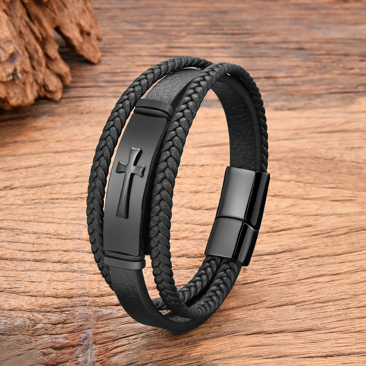 Men's Stainless Steel Cross Leather Bracelet