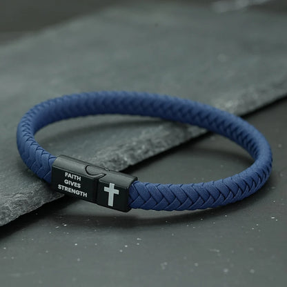 Faith Gives Strength 브레이드 가죽 십자가 팔찌