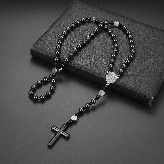 Saint Benedict Rosary Necklace – Black Stone Beads