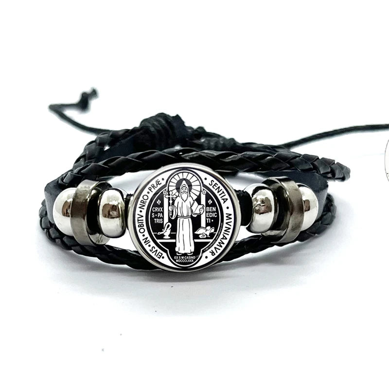 Benediktusmedaillen-Armband mit schwarzen geflochtenen Bändern
