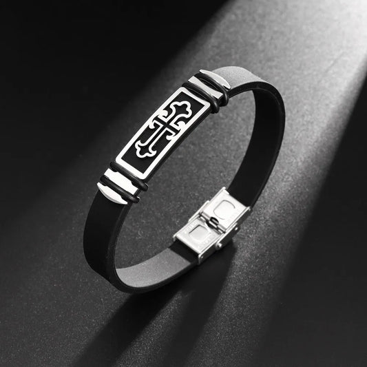 Pulseira masculina de silicone com cruz cristã