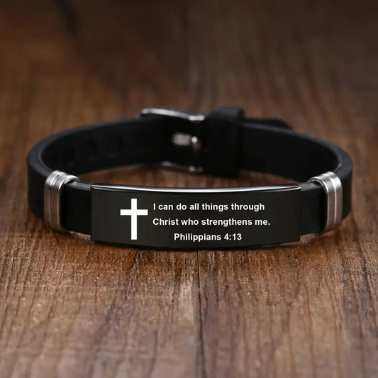 Pulseira com cruz e versículo bíblico cristão