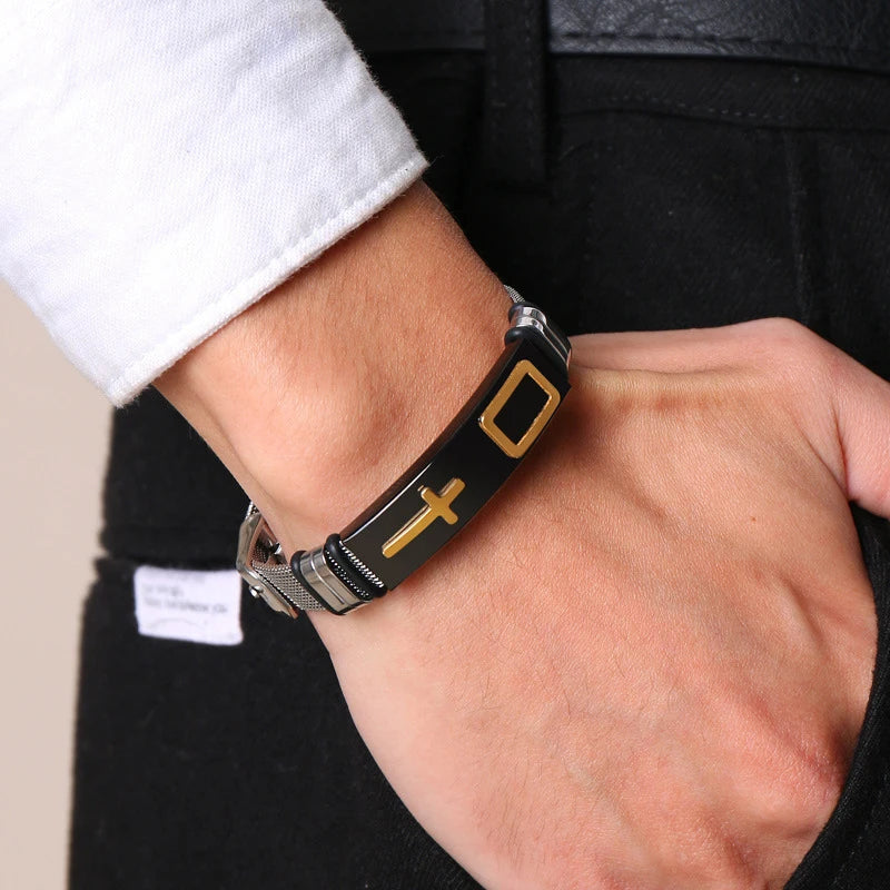 Armband mit Kreuzdetail und Silikon- oder Metallgeflechtband