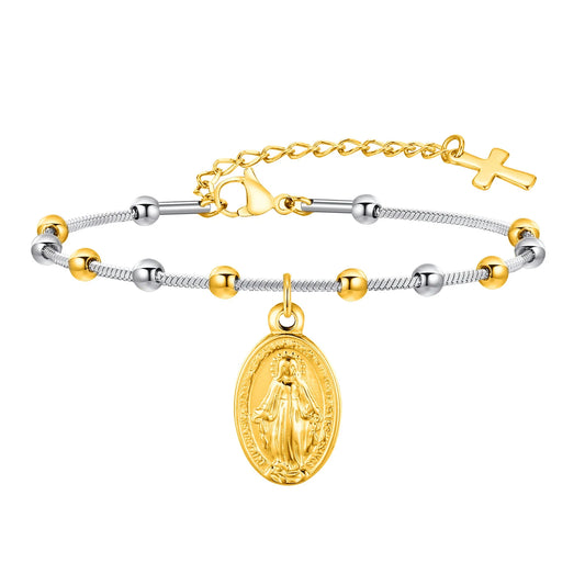 Pulseira de terço de aço inoxidável com medalha da Virgem Maria
