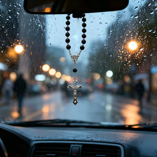 1. Pingentes para carro, pulseiras com cruz, pulseiras de rosário, acessórios automotivos com contas e presentes de joias com tema da fé cristã
