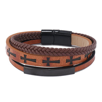 Two-Tone Layered Leather Cross Bracelet