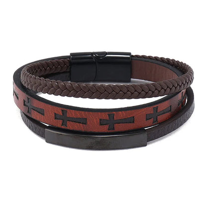 Two-Tone Layered Leather Cross Bracelet