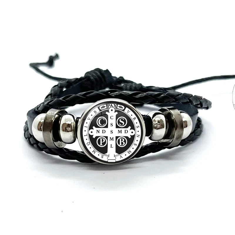 Benediktusmedaillen-Armband mit schwarzen geflochtenen Bändern