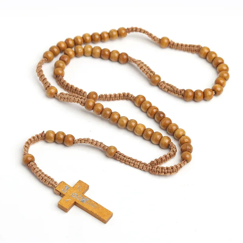 Catholic Wood Bead Cross Rosary Necklace