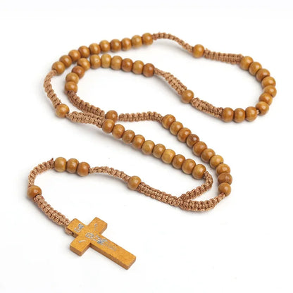 Catholic Wood Bead Cross Rosary Necklace