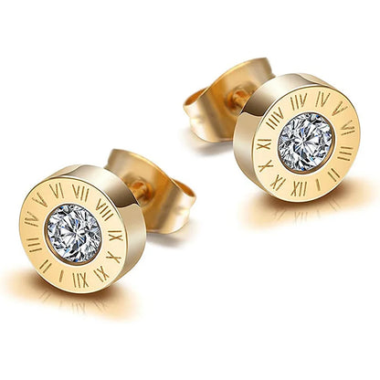 1. Runde, glänzende Ohrstecker aus Edelstahl 316 mit AAA-Zirkonia, 10 mm Durchmesser, römische Ziffern, für Damen, hochwertiger Markenschmuck