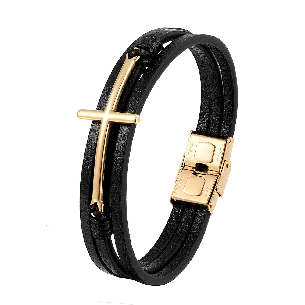 Pulseira Cruzada de Couro Multicamadas