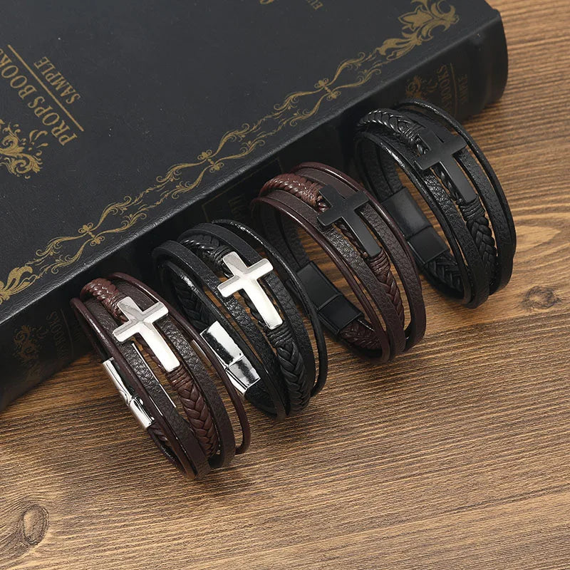 Multi-Layered Leather Cross Magnetic Bracelet