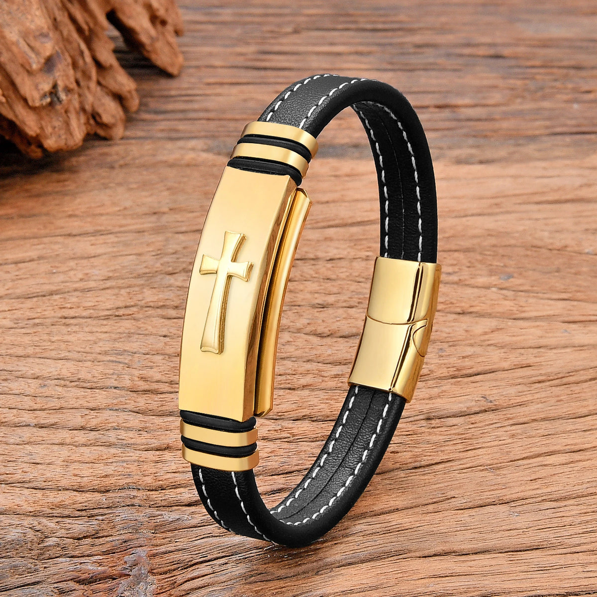 Men's Stainless Steel Cross Leather Bracelet