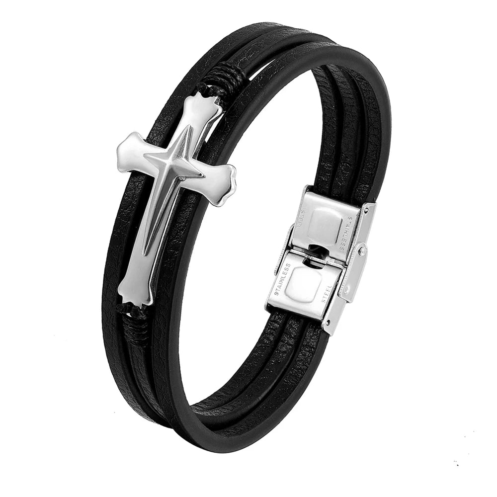 Pulseira Cruzada de Couro Multicamadas