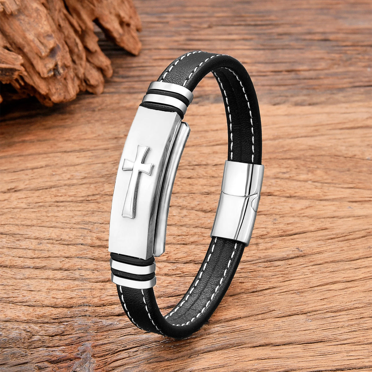 Men's Stainless Steel Cross Leather Bracelet