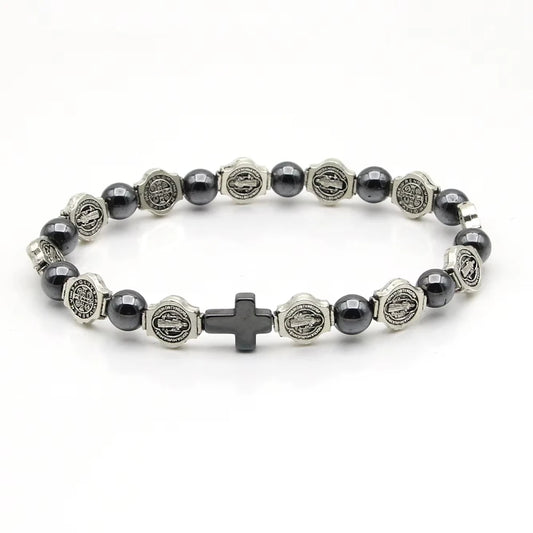 Catholic Saint Benedict Hematite Rosary Bracelet
