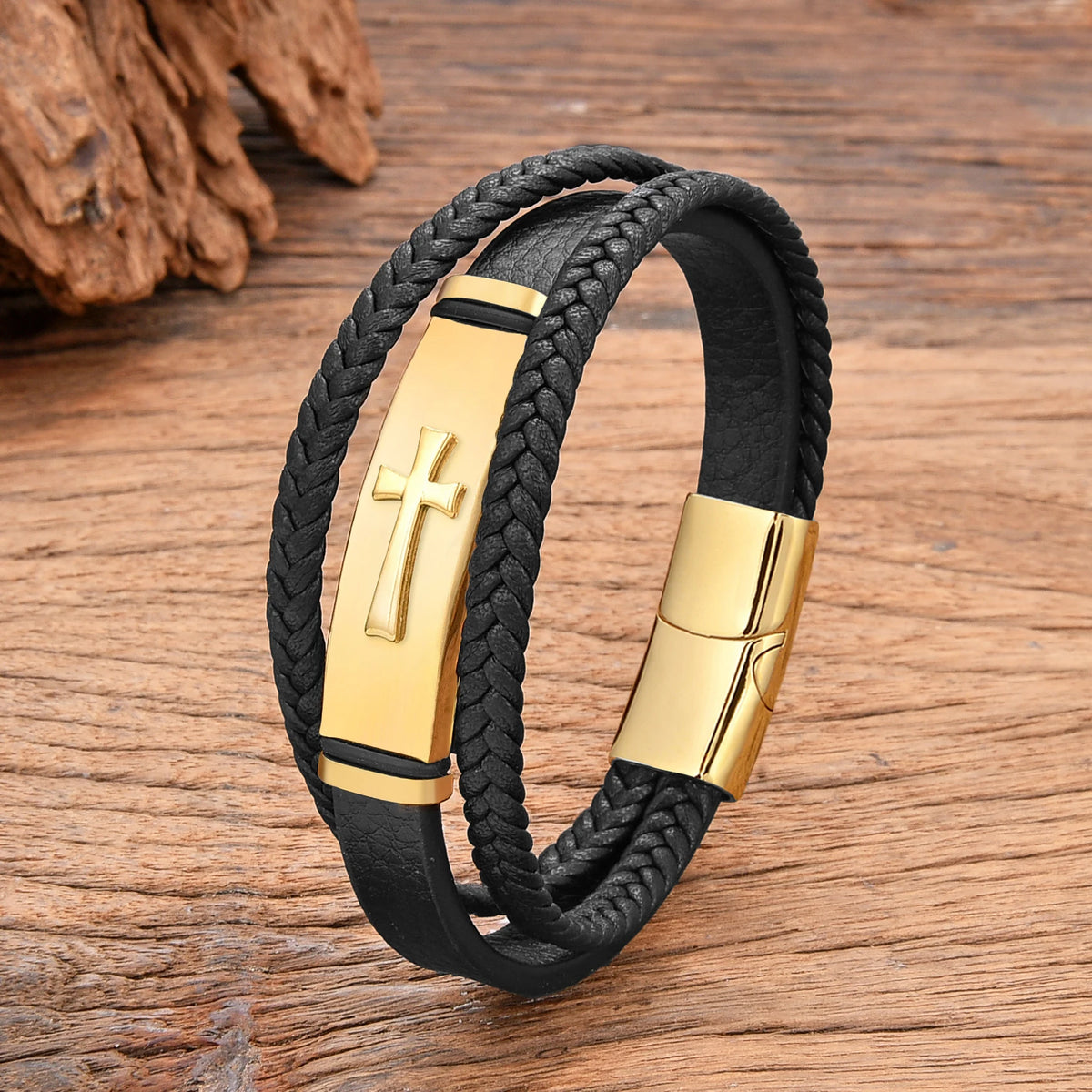 Men's Stainless Steel Cross Leather Bracelet
