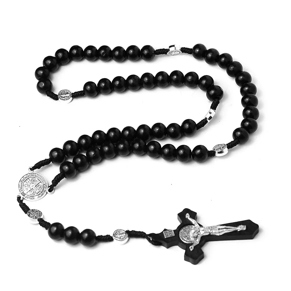 Christian Wood Bead Rosary Cross Necklace