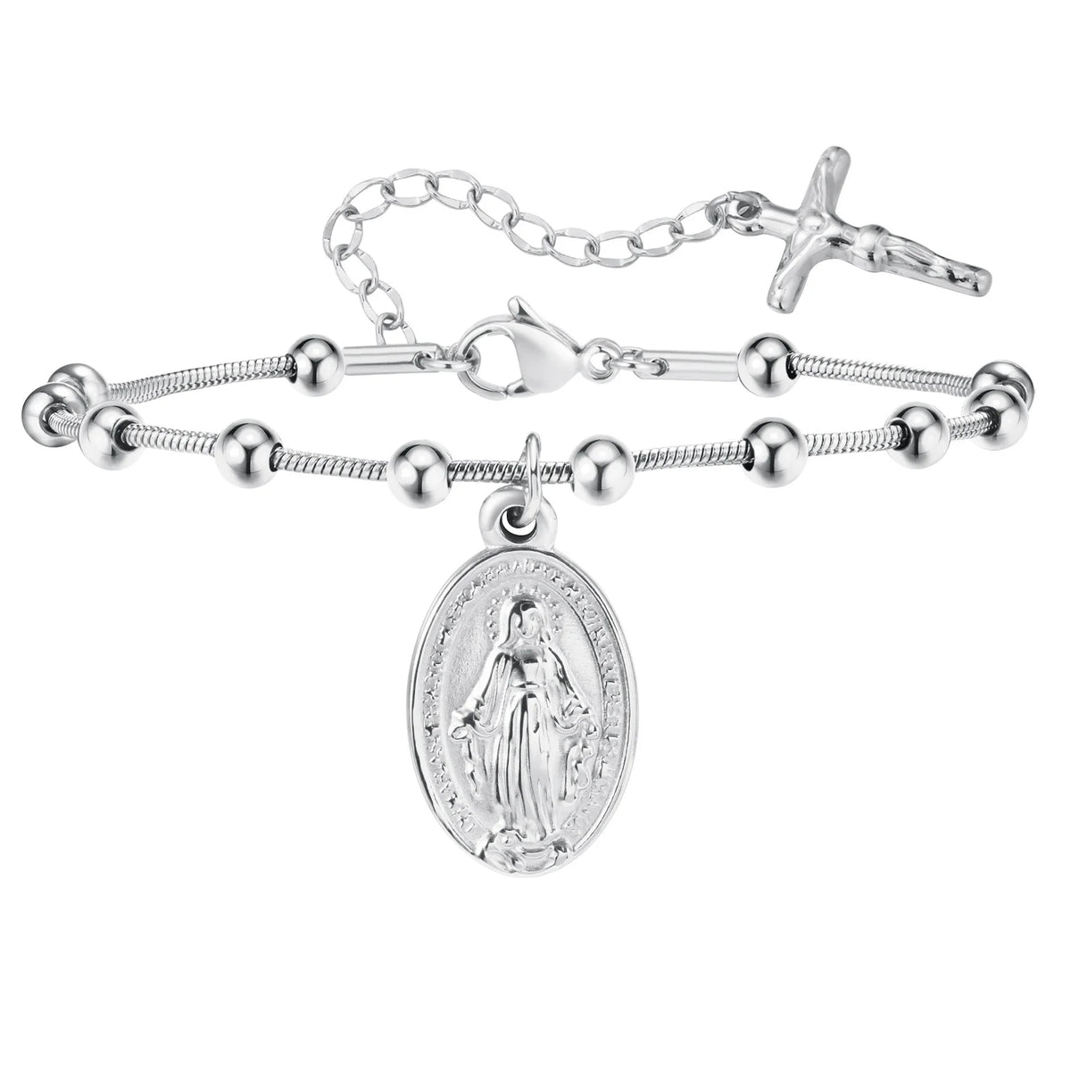 Pulsera de rosario de acero inoxidable con medalla de la Virgen María