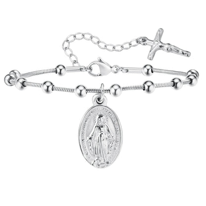 Pulsera de rosario de acero inoxidable con medalla de la Virgen María