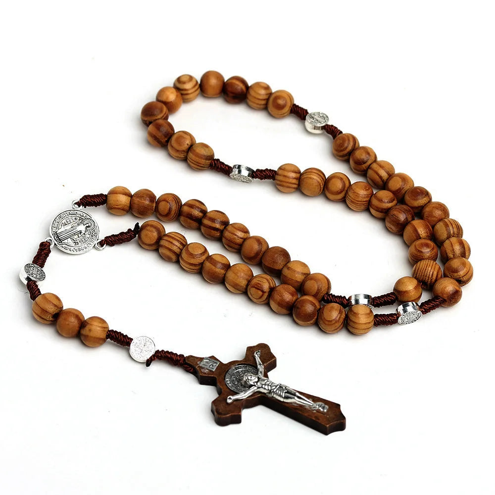 Christian Wood Bead Rosary Cross Necklace