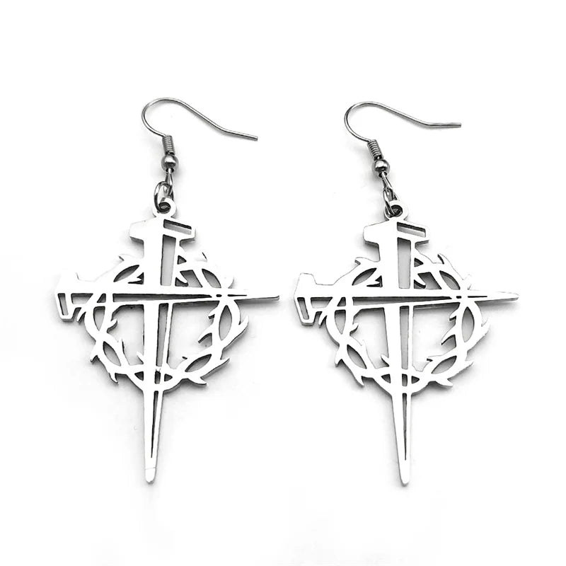 Crown of Thorns Cross Drop Earrings