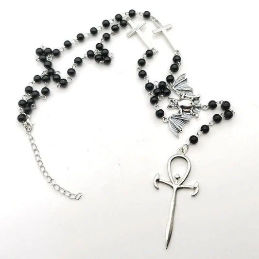 Gothic Bat Necklace – Black Beads with Ankh or Cross Pendant