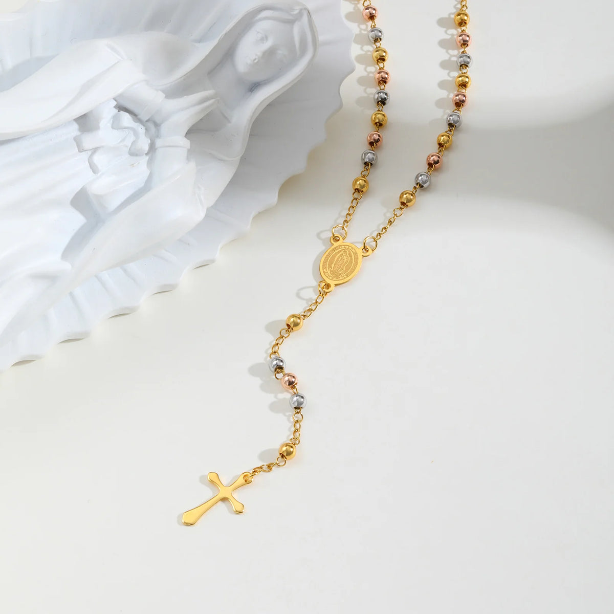 Virgin Mary Rosary Necklace – Stainless Steel Cross