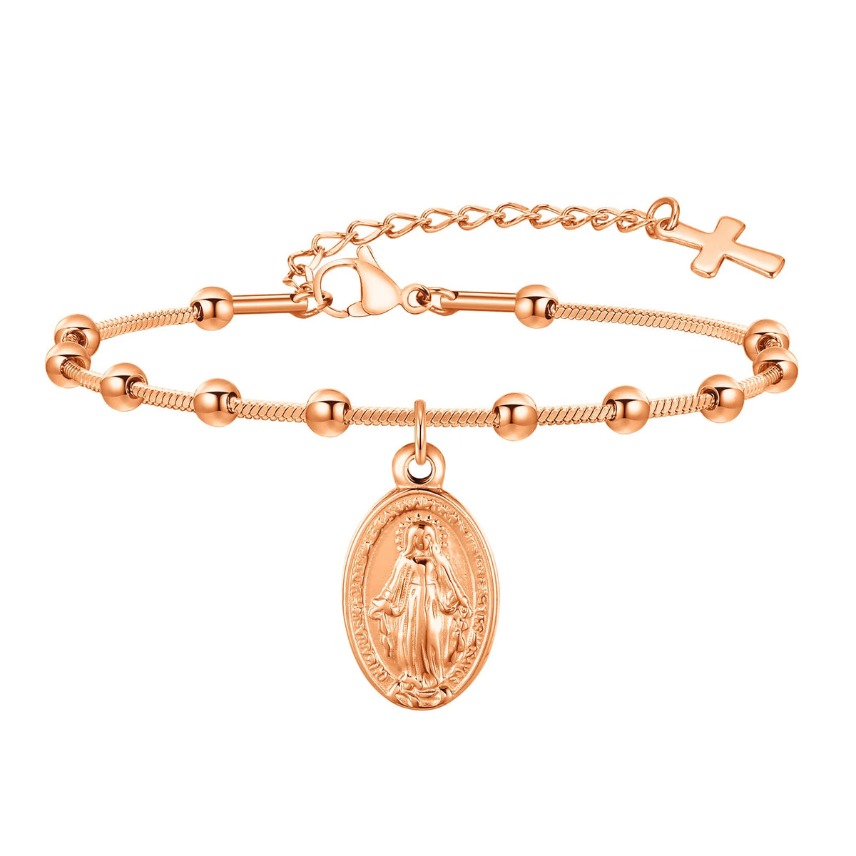 Pulsera de rosario de acero inoxidable con medalla de la Virgen María