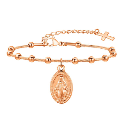Pulsera de rosario de acero inoxidable con medalla de la Virgen María
