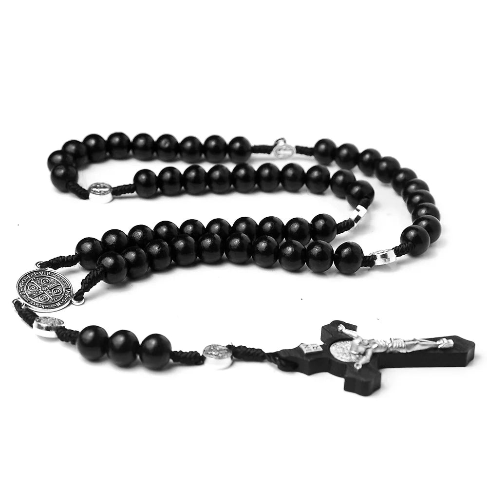 Christian Wood Bead Rosary Necklace with Virgin Mary Cross