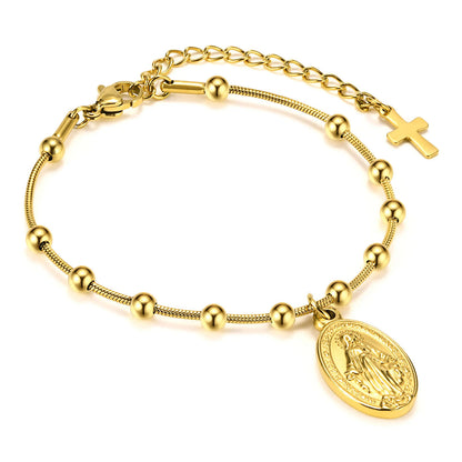 Pulsera de rosario de acero inoxidable con medalla de la Virgen María