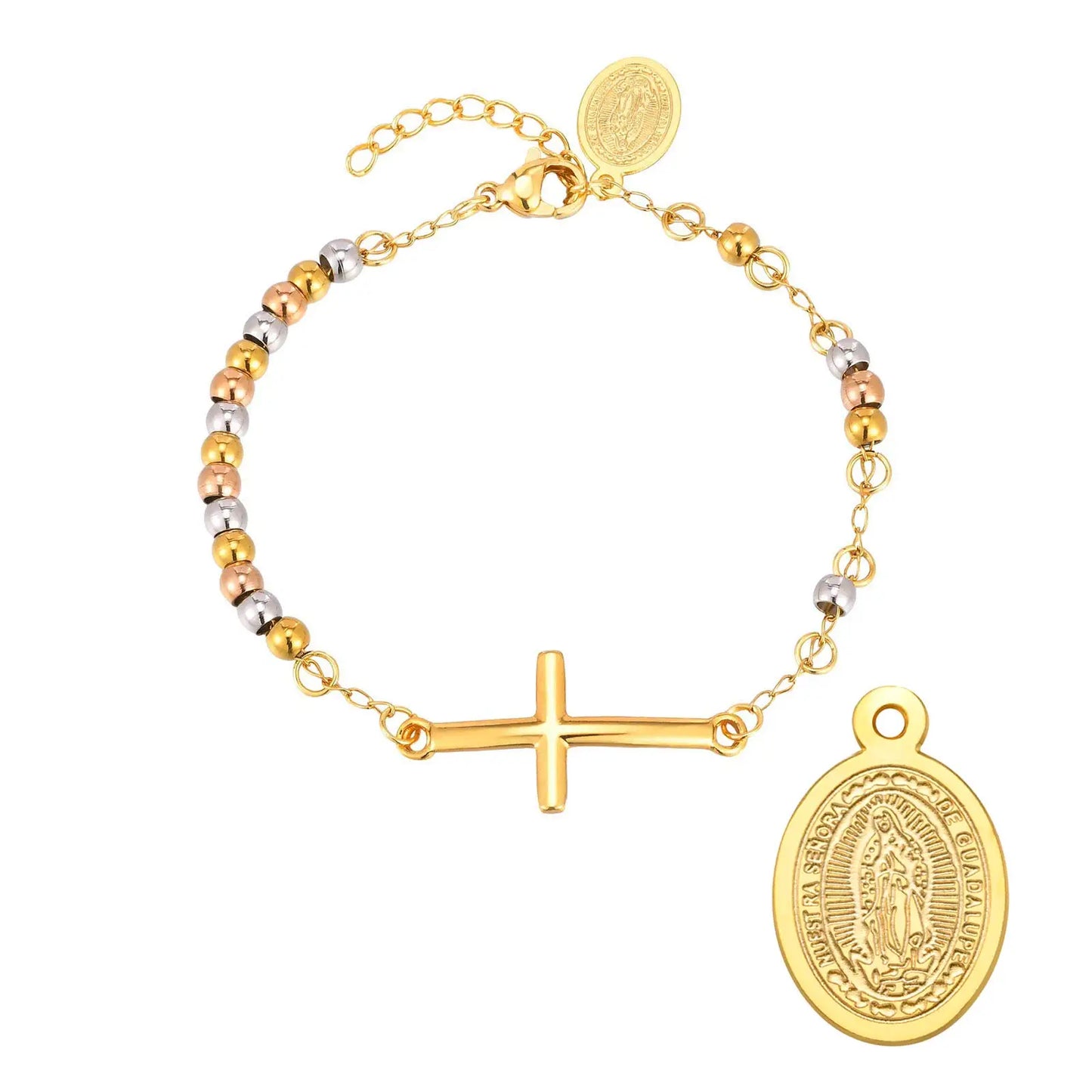 Pulseira Cruz e Medalha em Ouro