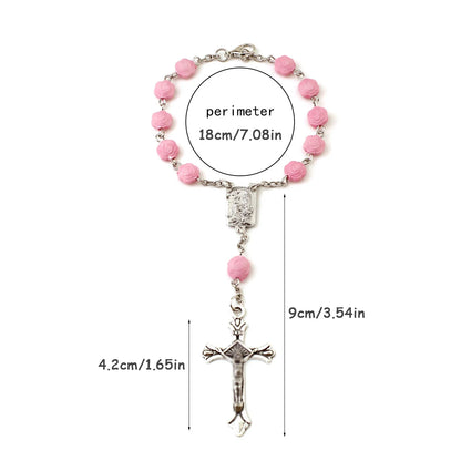 Pink Rose Cross Car Prayer Pendant