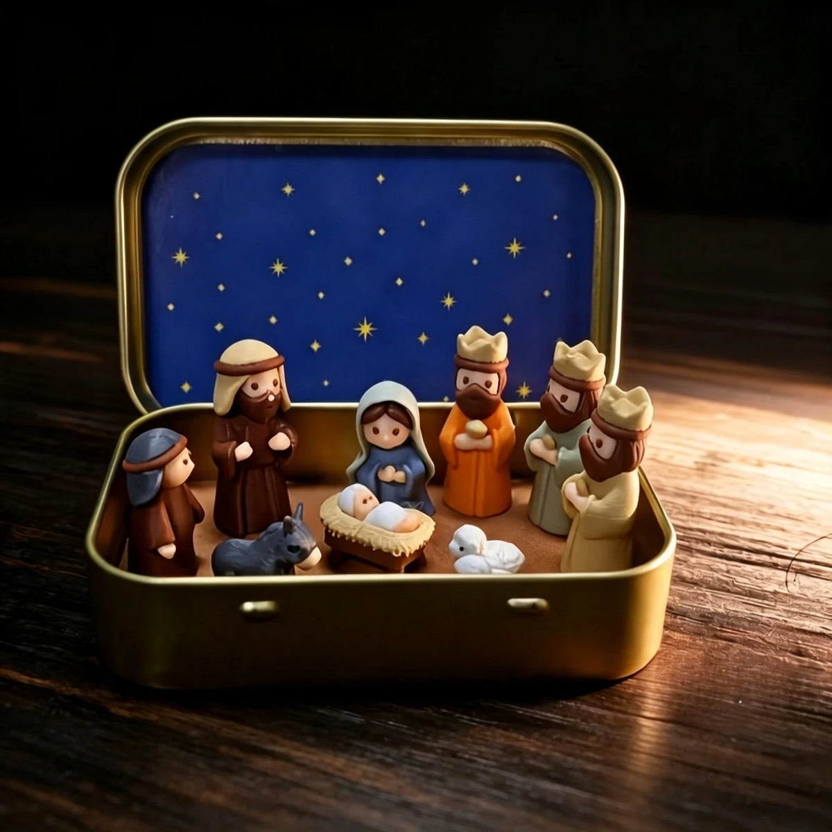 1. Mini-Weihnachtskrippen-Set in einer Eisenbox, Krippenszene im Taschenformat mit Figuren von Maria, Jesus, Hirten und Tieren, Weihnachts- oder Ostergeschenk, Dekoration
