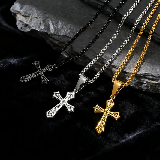 Ornate Textured Cross Pendant Necklace