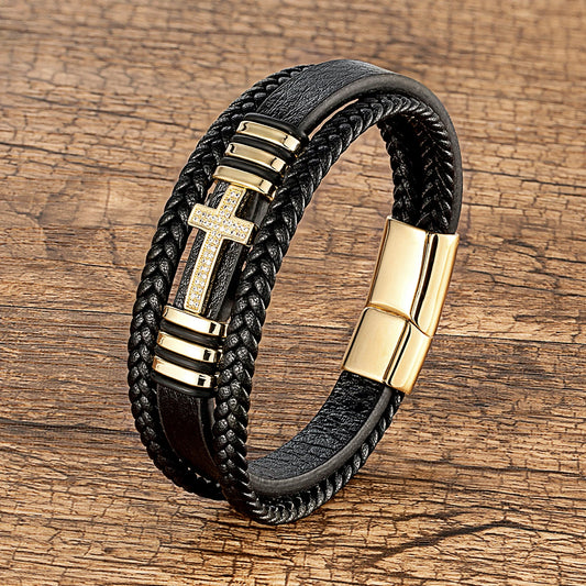 Men's Braided Leather Cross Bracelet