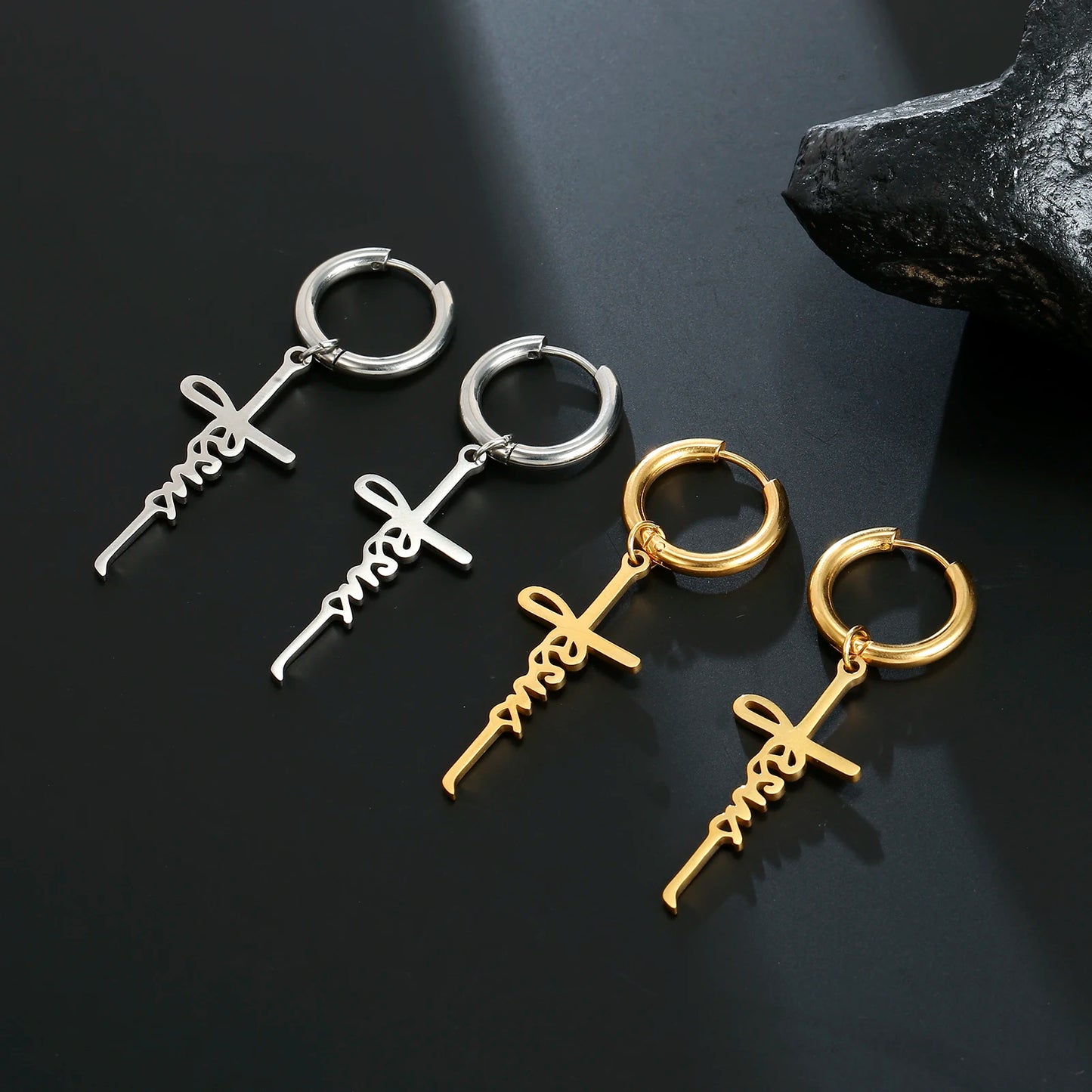 Jesus and Cross Dangle Hoop Earrings
