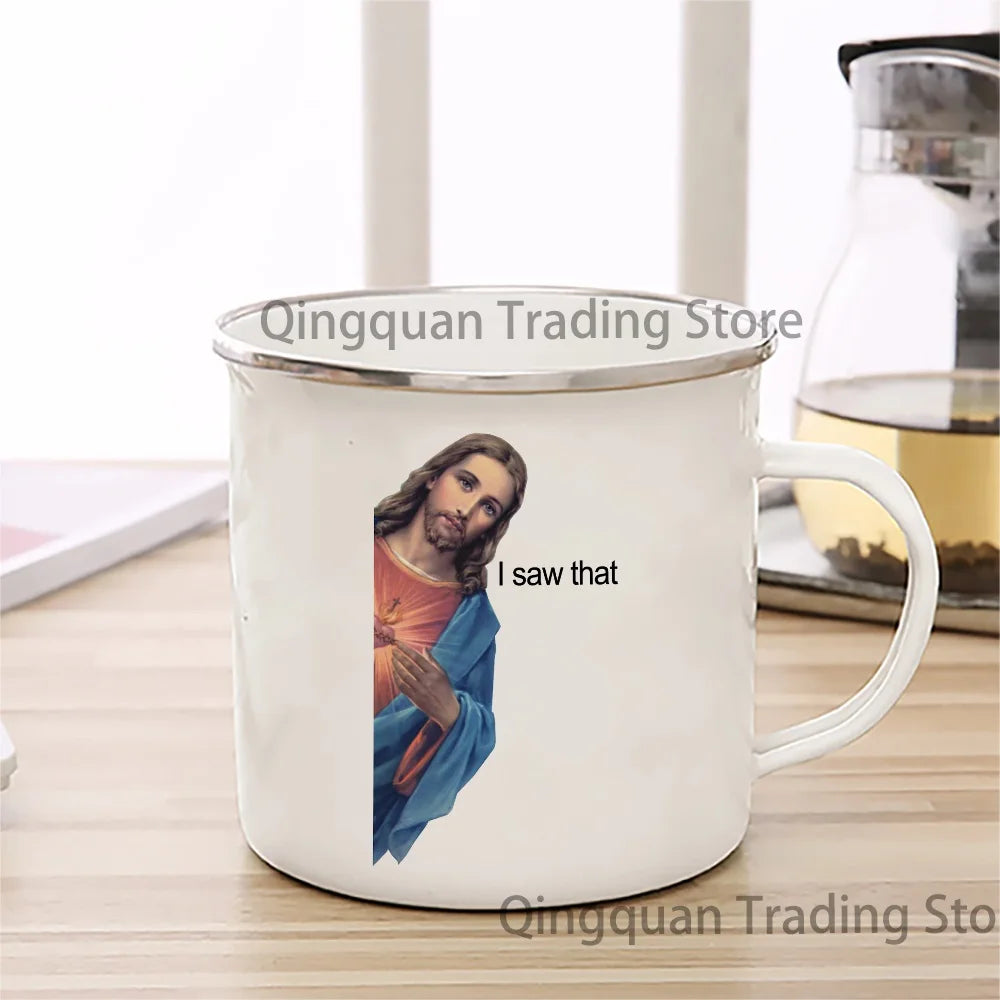 Humorous Jesus Peeking Enamel Mug