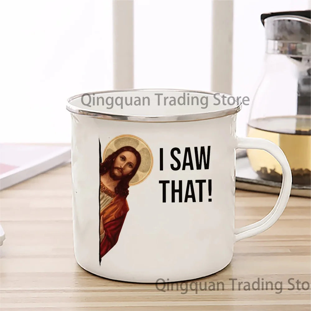 Humorous Jesus Peeking Enamel Mug
