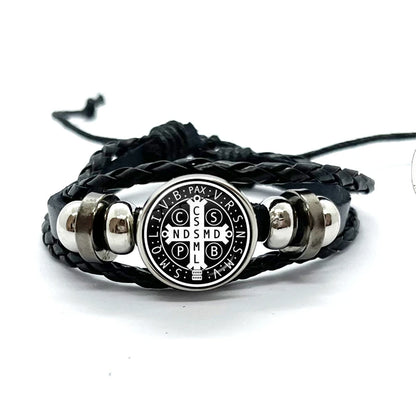 Benediktusmedaillen-Armband mit schwarzen geflochtenen Bändern