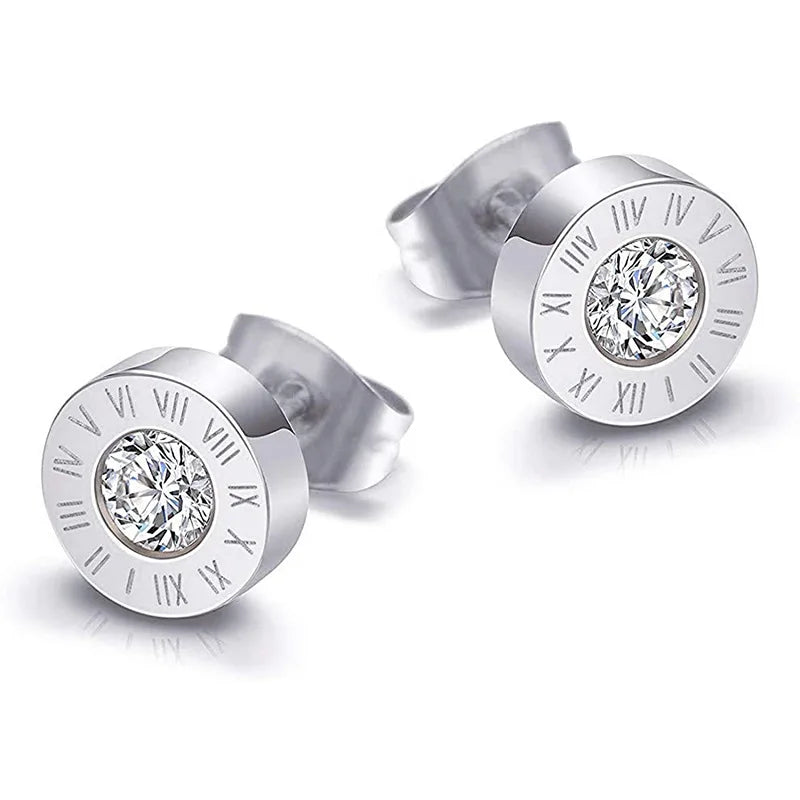 1. Runde, glänzende Ohrstecker aus Edelstahl 316 mit AAA-Zirkonia, 10 mm Durchmesser, römische Ziffern, für Damen, hochwertiger Markenschmuck