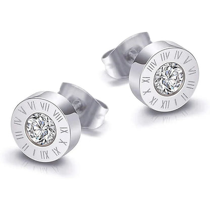 1. Runde, glänzende Ohrstecker aus Edelstahl 316 mit AAA-Zirkonia, 10 mm Durchmesser, römische Ziffern, für Damen, hochwertiger Markenschmuck