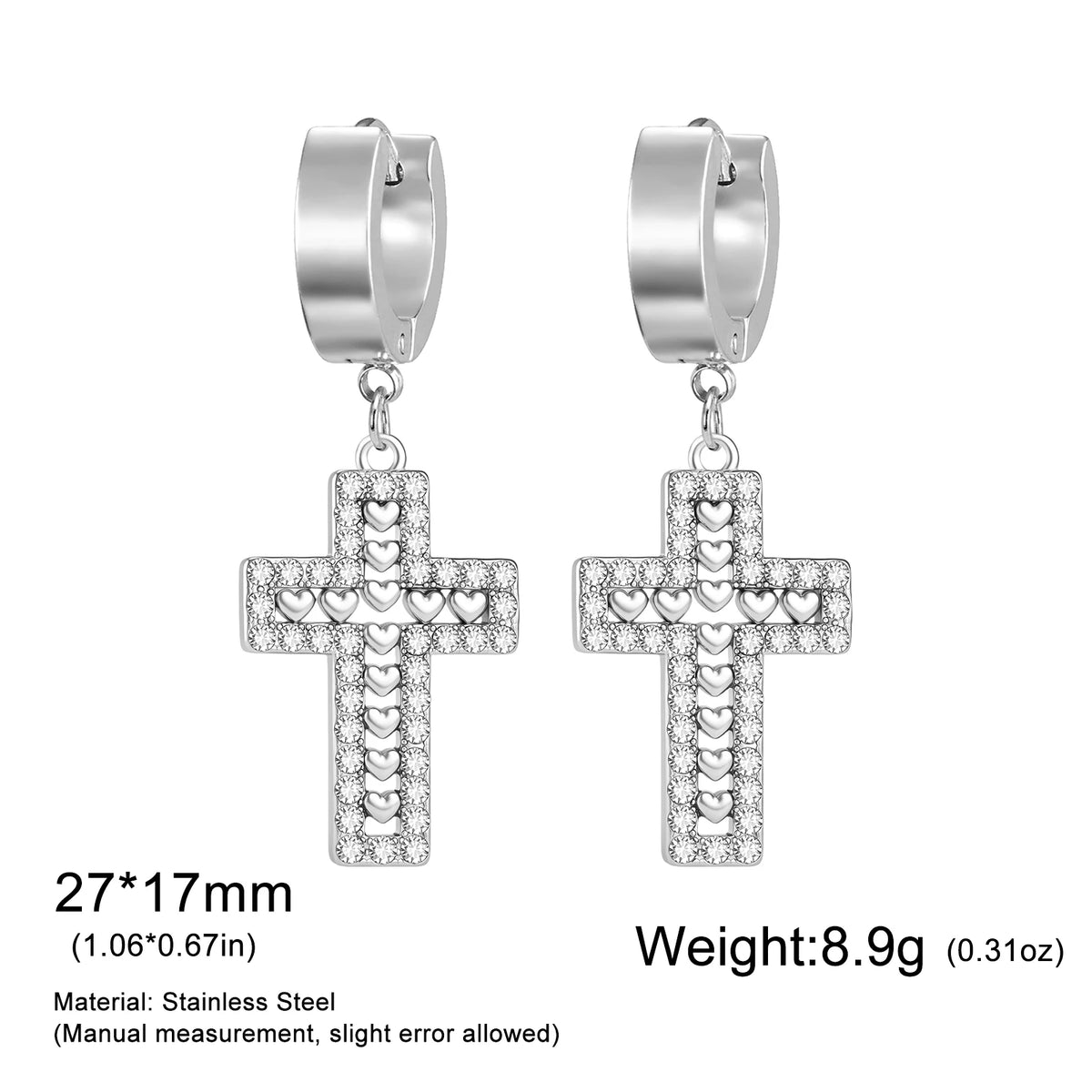 Christian Cross Drop Earrings, Stainless Steel Crystal Styles