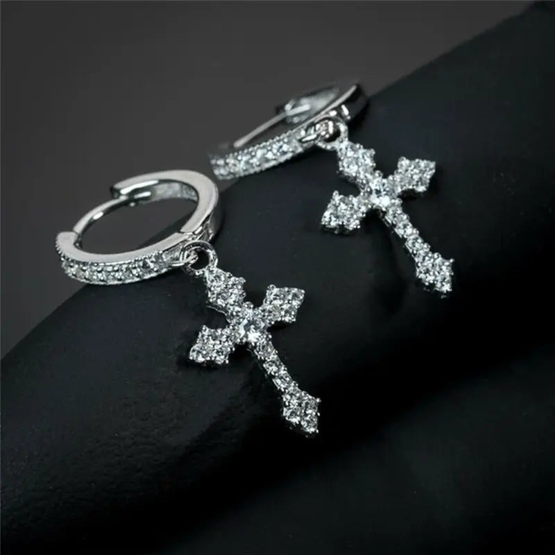 1. Klassische Ohrringe mit Kreuz und Kristall im Point-Drill-Stil, austauschbar, in edlem Weiß, für Damen und Herren, Hip-Hop-Partyschmuck, Geschenk