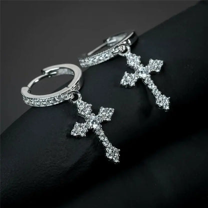 1. Klassische Ohrringe mit Kreuz und Kristall im Point-Drill-Stil, austauschbar, in edlem Weiß, für Damen und Herren, Hip-Hop-Partyschmuck, Geschenk