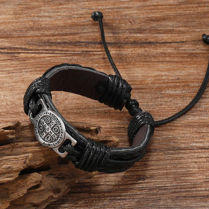 Pulseira medalhão de couro trançado